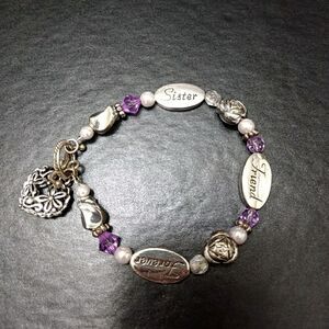 Silver tone purple bead sister bracelet 7.25"
